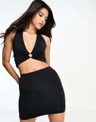 ASOS DESIGN co-ord plunge halter crop top with ring detail in black | ASOS (Global)