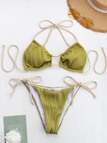 Textured Tie Back Halter Bikini Swimsuit
   SKU: sw2204278402422487      
          (174 Reviews)... | SHEIN