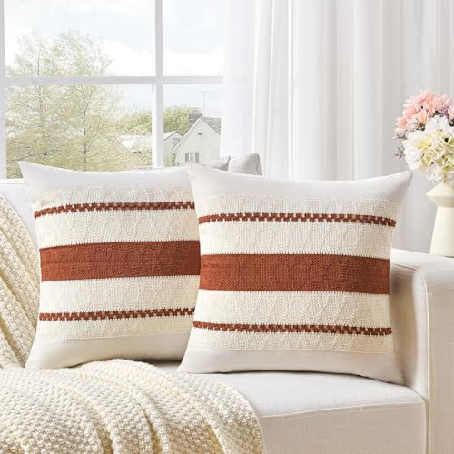 Fancy Homi Set of 2 Rust Boho Decorative Throw Pillow Covers 22x22 Inch for Couch Bed Sofa, Aesthetic Modern Organic Fall Room Decor, Soft Cotton Cute Terracotta Textured Farmhouse Cushion Case | Amazon (US)