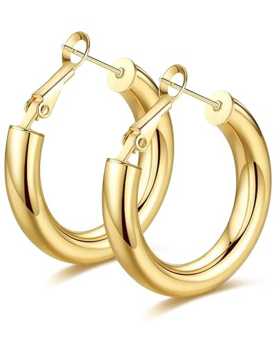 wowshow Gold Hoop Earrings for Women Chunky Hoops 14K Gold Plated Thick Hollow Tube Lightweight Earrings for Mother Birthday Gifts 30MM | Amazon (US)