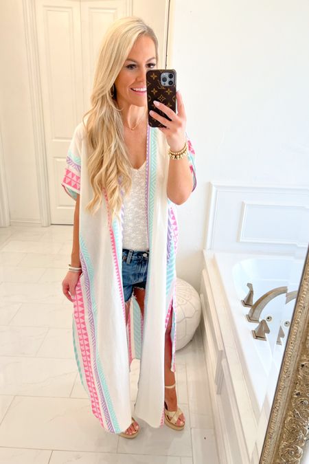 Embroidered linen kimono is perfect to dress up and double as a pool or beach swim coverup!!💕 I love the pink, blue and purple color combo! Also available in a tunic dress! 

#LTKswim #LTKtravel #LTKunder100
