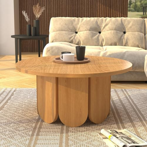 XINRONG Oak Round Coffee Table, Mid Century Modern Coffee Table with Solid Tabletop, Wooden Circle Coffee Table for Living Room and Apartment, Easy Assembly | Amazon (US)