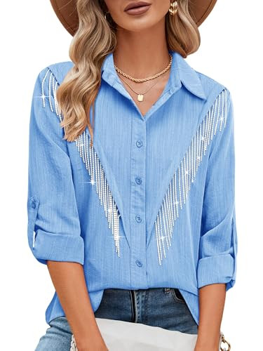 MYMORE Womens Rhinestone Fringe Shirt Jacket Western Cowgirl Sparkly Long Sleeve Diamond Tassel Shirt Top Nashville Country Concert Outfit Attire Sky Blue 2XL | Amazon (US)