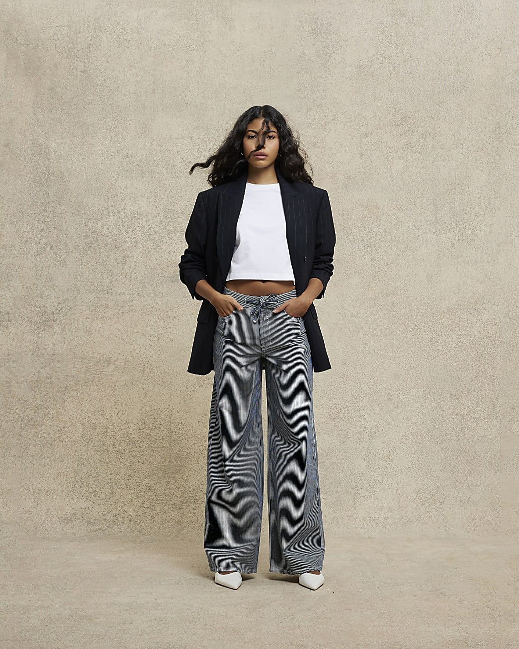 Blue Wide Leg Tie Front Striped Jeans | River Island UK & IE