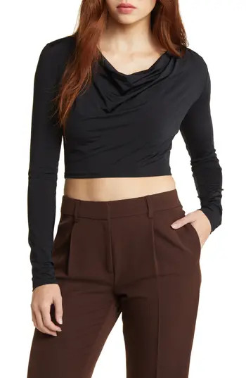 Open Edit Cowl Neck Long Sleeve Crop Top in Black at Nordstrom Rack, Size Medium | Nordstrom Rack