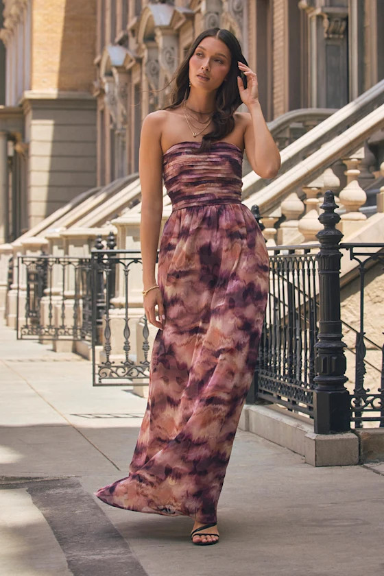 Mykala Mauve Abstract Pleated Strapless Maxi Dress | Lulus