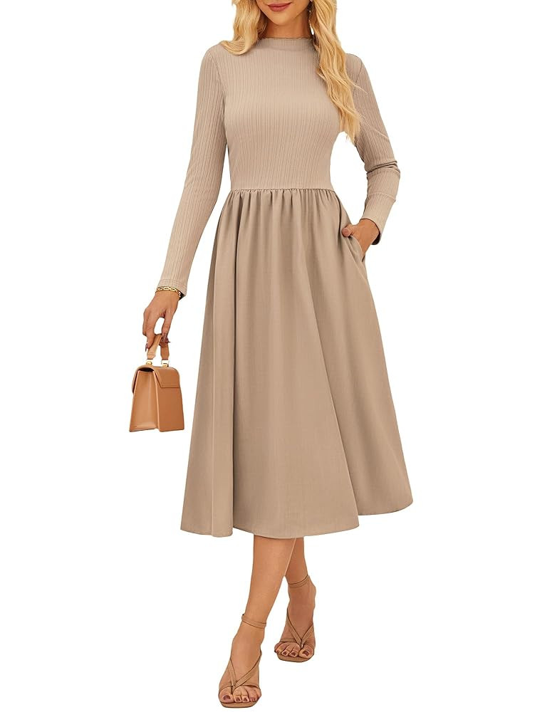 GRACE KARIN Damen Kleid Langarm Herbstkleid Lässiges Stehkragen Gestricktes Midikleid mit Tasche... | Amazon (DE)