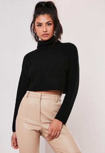 Petite Sand Roll Neck Cropped Jumper | Missguided (UK & IE)