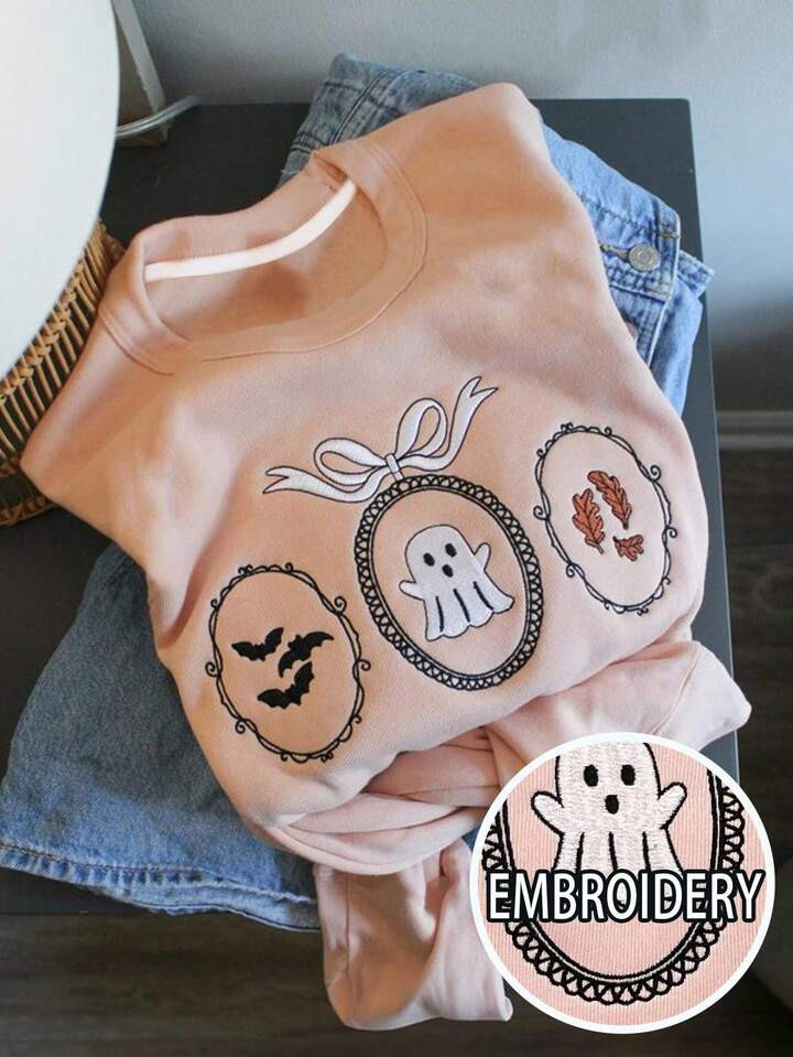 INAWLY Women's Casual Fleece Sweatshirt, Halloween Sweatshirt, Embroidered Sweatshirt, Ghost Graphic Pullover Fall Cloth For Women | SHEIN