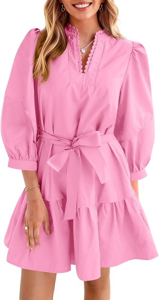 Cicy Bell Womens Puff 3/4 Sleeve Mini Dresses Bow Tie Waist V Neck Casual Trendy Ruffle Tiered Sh... | Amazon (US)