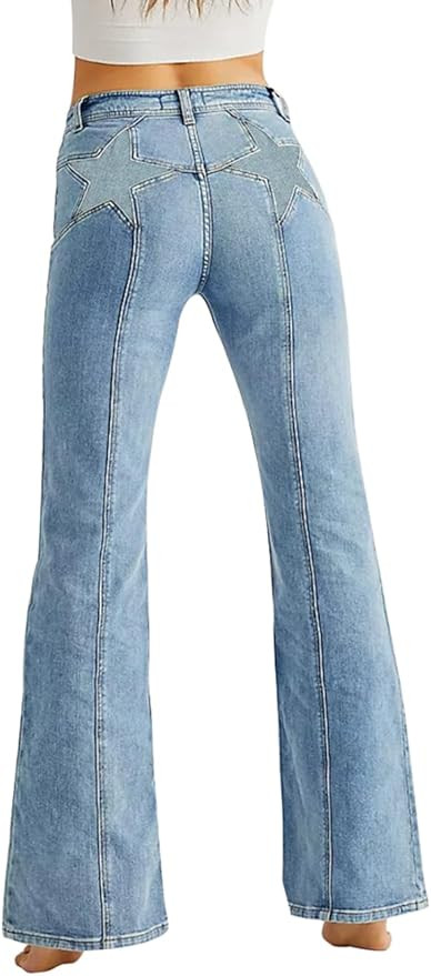 Women's Back Star Patchwork Flare Jeans Skinny Bell Bottom Raw Hem Denim Pants | Amazon (US)