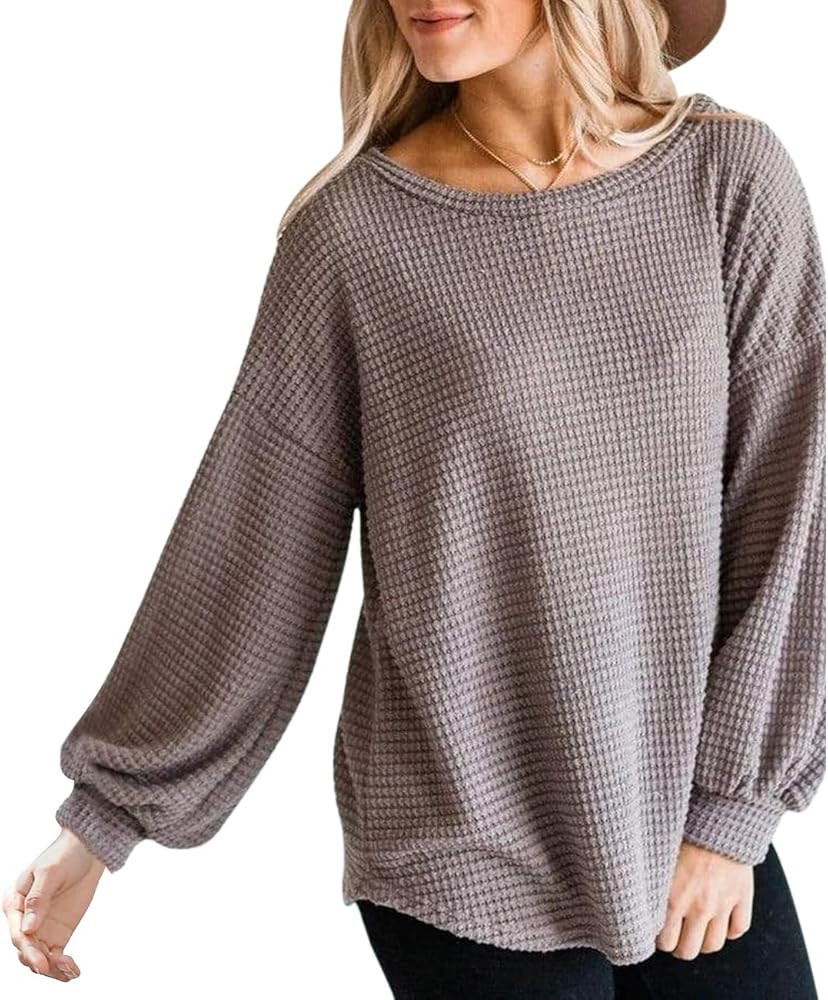 MEROKEETY Womens Long Balloon Sleeve Waffle Knit Tops Crew Neck Oversized Sweater Pullover | Amazon (US)