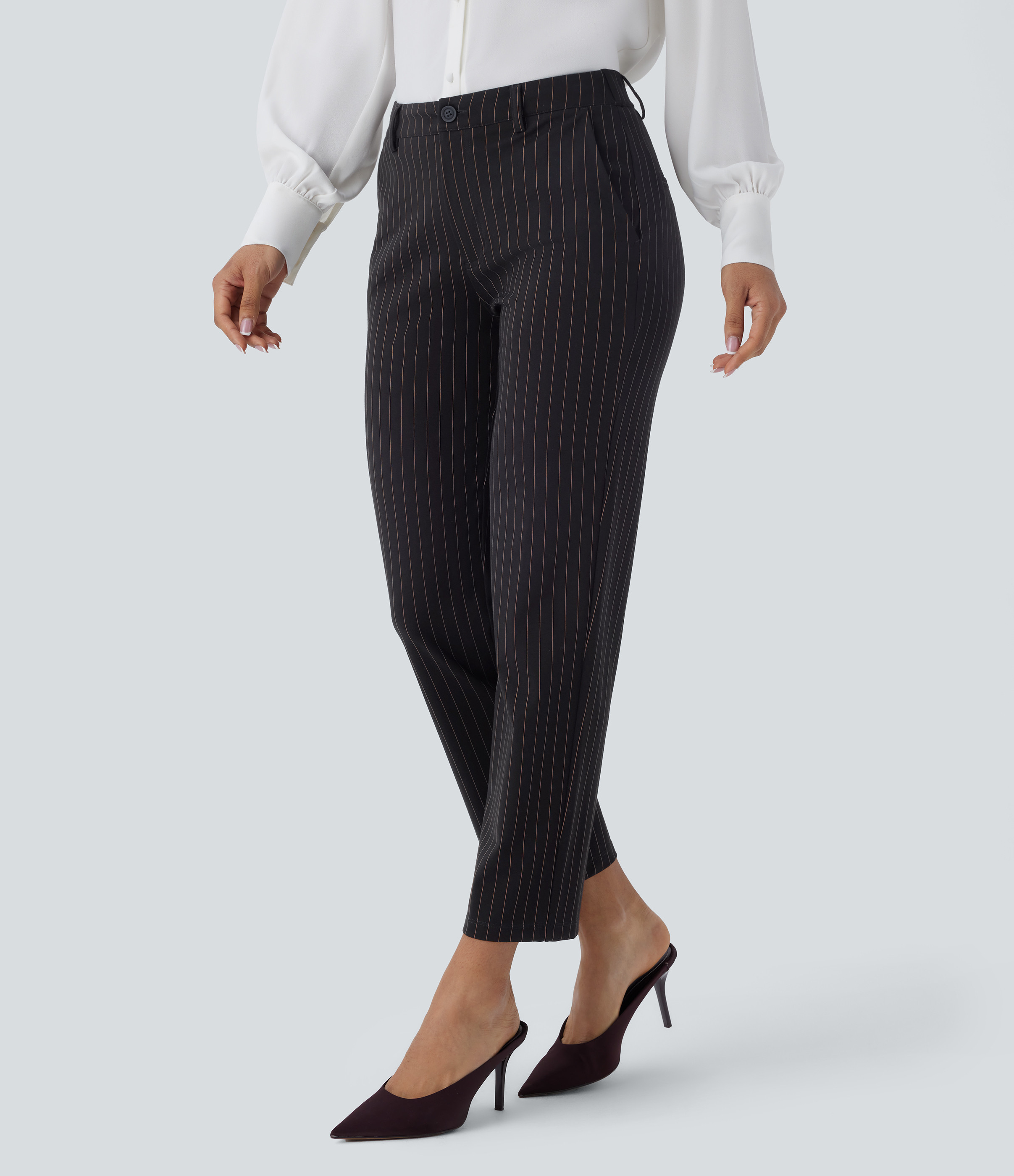 Halara Halara Flex™ Mid Rise Pocket Ankle Length Straight Leg Cool Touch Stripe Work Pants - Black Brown Black Pinstripe - XS(regular) | HALARA