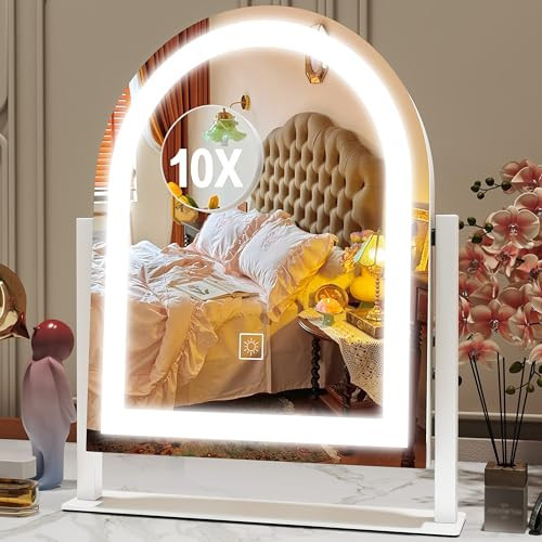 ROLOVE Lighted Makeup Mirror with 3-Color Dimmable Lighting, with Removable 10x Magnifier, Smart Touch Control, 360° Rotation, 15" x 13" Hollywood Vanity Mirror for Tabletop or Desk (White) | Amazon (US)