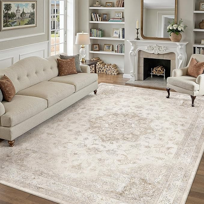 Beige Area Rug 8x10 Washable Vintage Carpet for Living Room Bedroom Large Soft Retro Low Pile Thi... | Amazon (US)