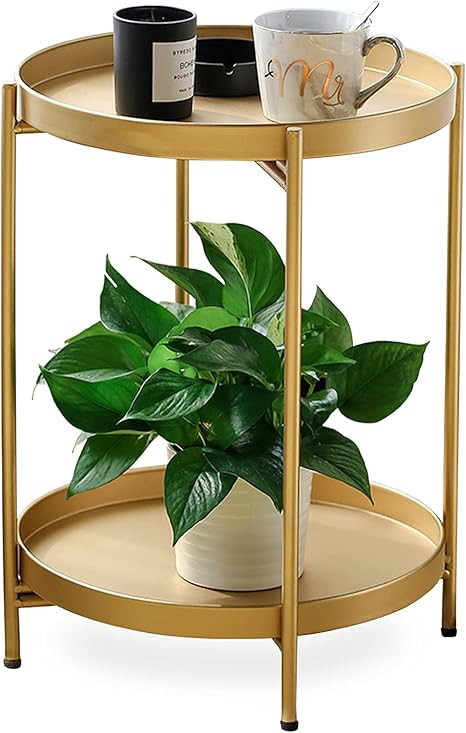 FUNME Gold Folding End Table 2-Tier Metal Round Side Table with Removable Tray for Living Room,(1... | Amazon (US)