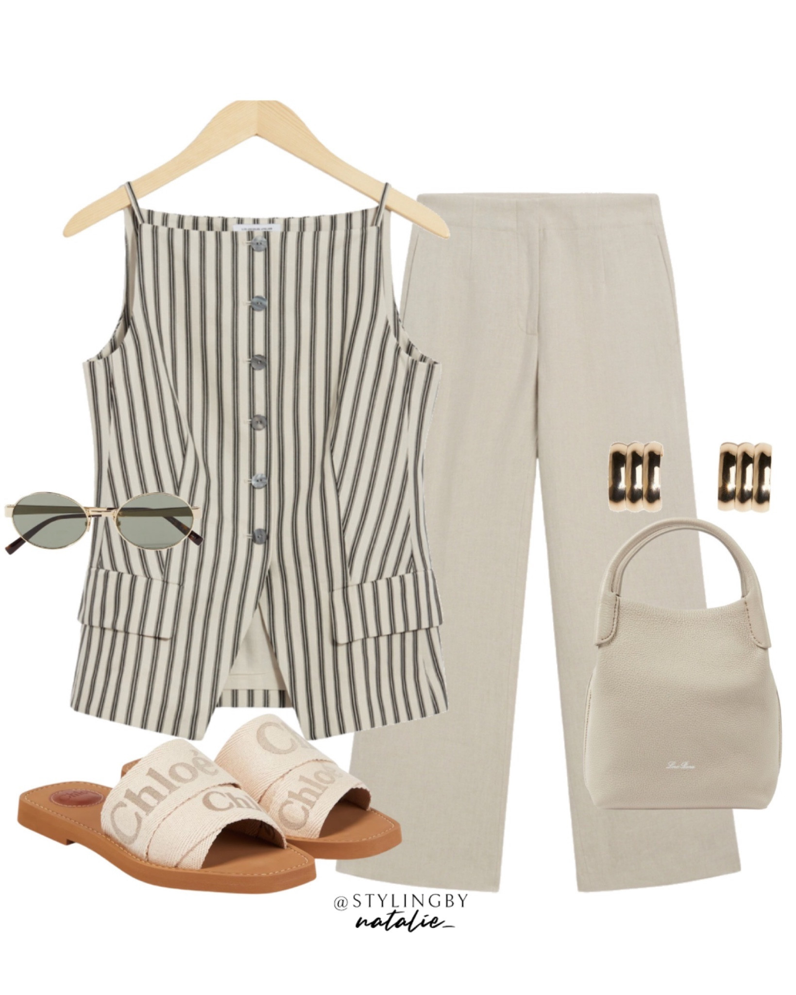 Stripe strappy waistcoat, linen trousers, Chloe woody sandals, Loro Piana bag, gold earrings & Saint Laurent sunglasses.
Summer outfit, neutral outfit, beige outfit, brunch style, summer work outfit, smart casual, business casual.

#LTKworkwear #LTKeurope #LTKstyletip