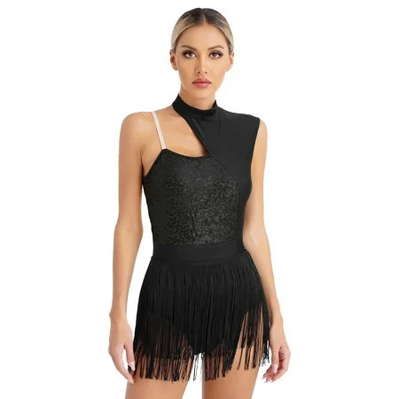 DPOIS Women Sequins Latin Dance Leotard Dancewear Fringe Ballroom Dance Costume Black XXL | Walmart (US)