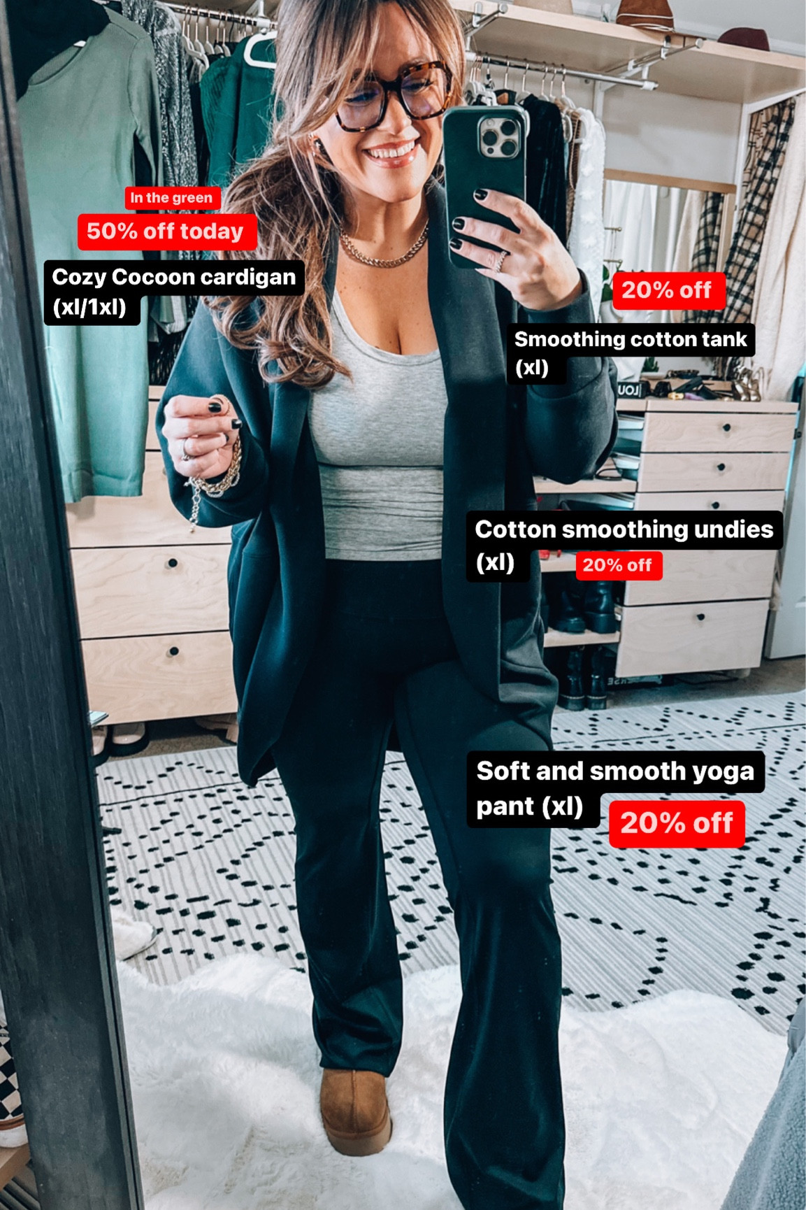 Spanx faves in sale
This super cozy cocoon cardigan is 50% off today! (Xl/1xl) 
Everything else is 20% off! 
My smoothing tank (xl) 
Smoothing cotton undies (xl) 
Smoothing yoga pants (xl) 
Ugg tazz slipper hot gift for her tts 

#LTKcurves #LTKCyberweek #LTKGiftGuide