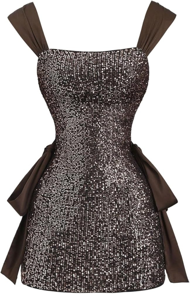 OYOANGLE Women's Sleeveless Sequin Bow Mini Dress Sparkling Bodycon Cocktail Party Dresses | Amazon (US)