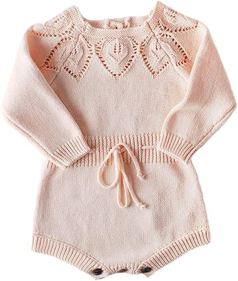 Newborn Baby Girls Cute Knit Strap Romper Leaves Pattern Jumpsuit Bodysuit | Amazon (US)