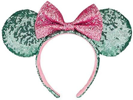Disney Parks Mint Green Pink Bow Mickey Minnie Sequin Ears Headband | Amazon (US)