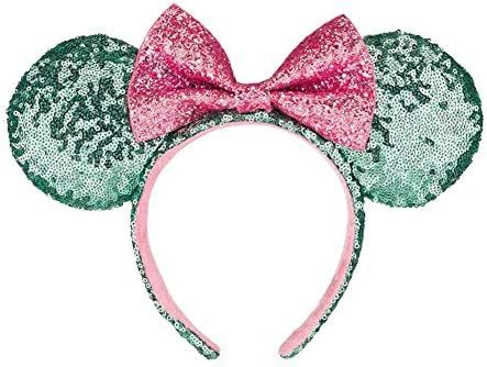 Disney Parks Mint Green Pink Bow Mickey Minnie Sequin Ears Headband | Amazon (US)