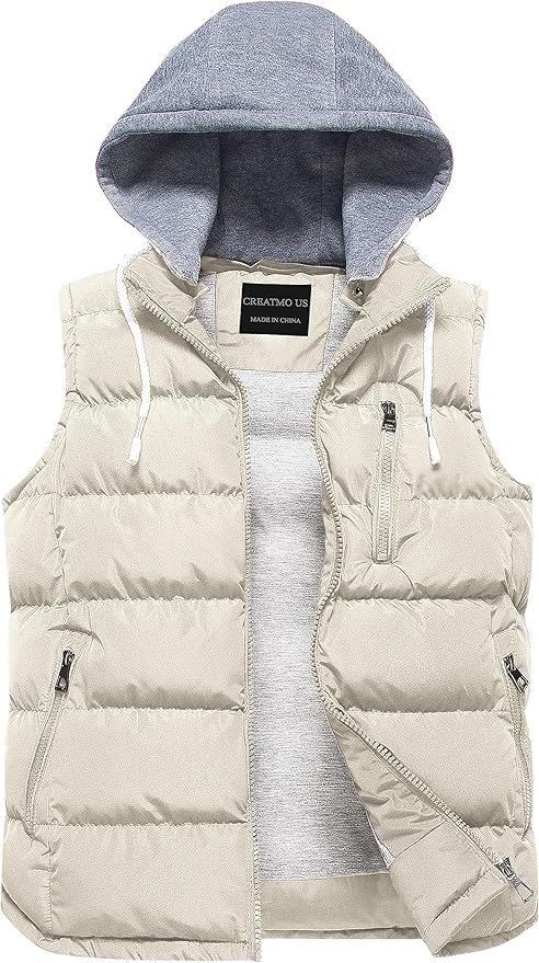 CREATMO US Women's Warm Vest Outerwear Thick Padded Puffer Sleeveless Vest With Detachable Hood | Amazon (US)