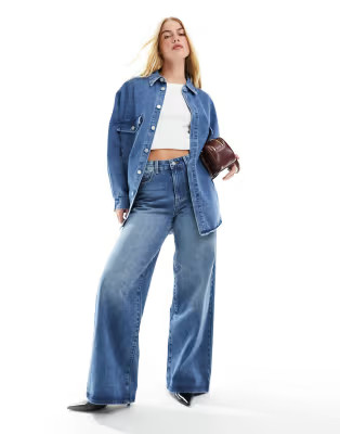 Vila oversized denim shirt & high waisted jean co-ord in medium blue wash | ASOS (Global)
