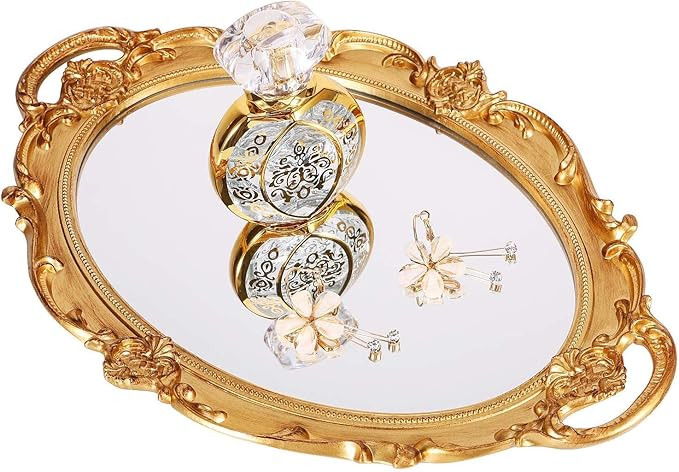 XPXKJ Perfume Tray Oval Vintage Decorative Mirror Tray, Dresser Organizer Tray, 9.8”x 14.4” S... | Amazon (US)
