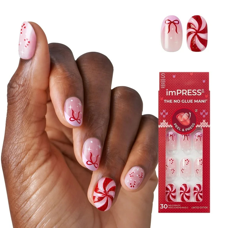 KISS imPRESS Holiday Press On Nails, ‘Be Merry’, Pink, Short Oval, 30 Count | Walmart (US)