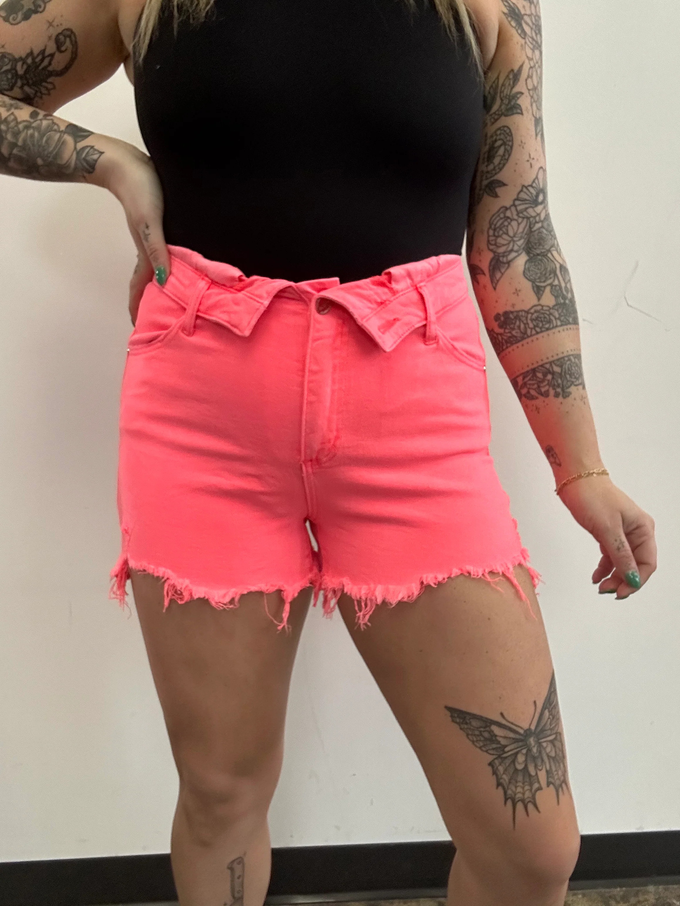 Fold Over Distressed Denim Shorts- Coral Pink | Willow Boutique