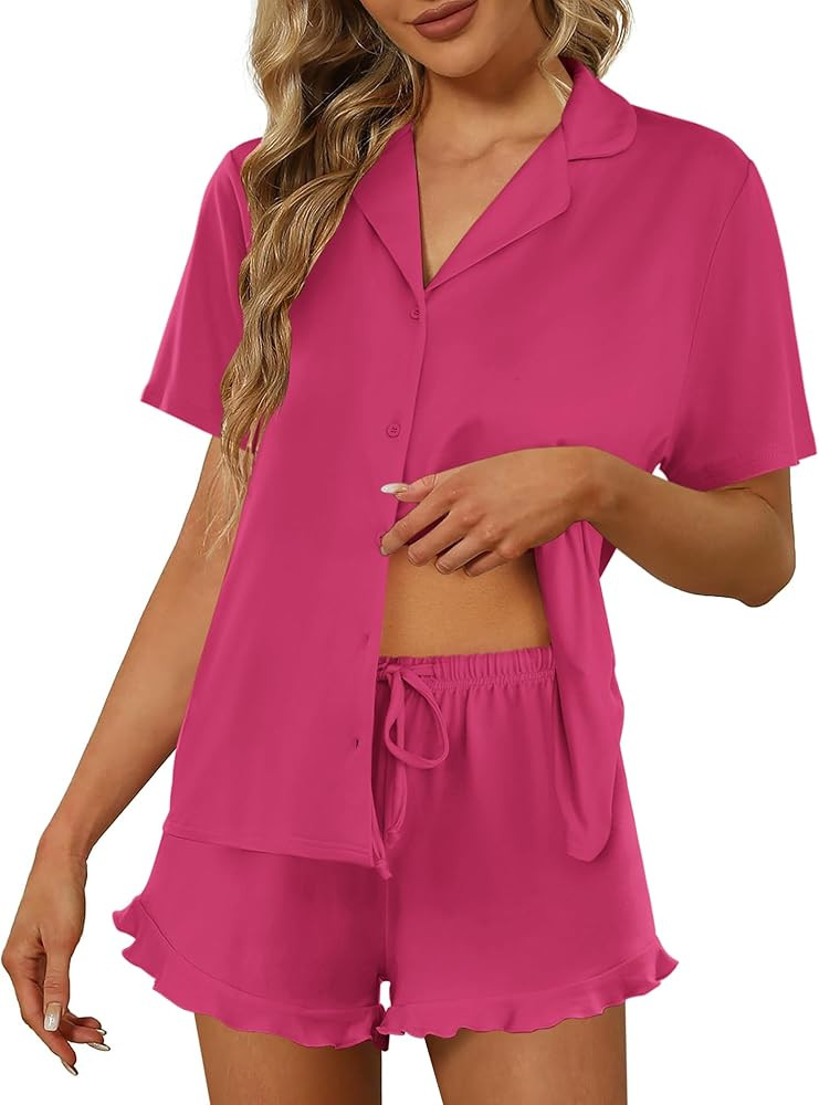 Ekouaer Pajamas Set for Women Short Sleeve Sleepwear Button Down Pjs Lounge Sets Soft Nightwear | Amazon (US)