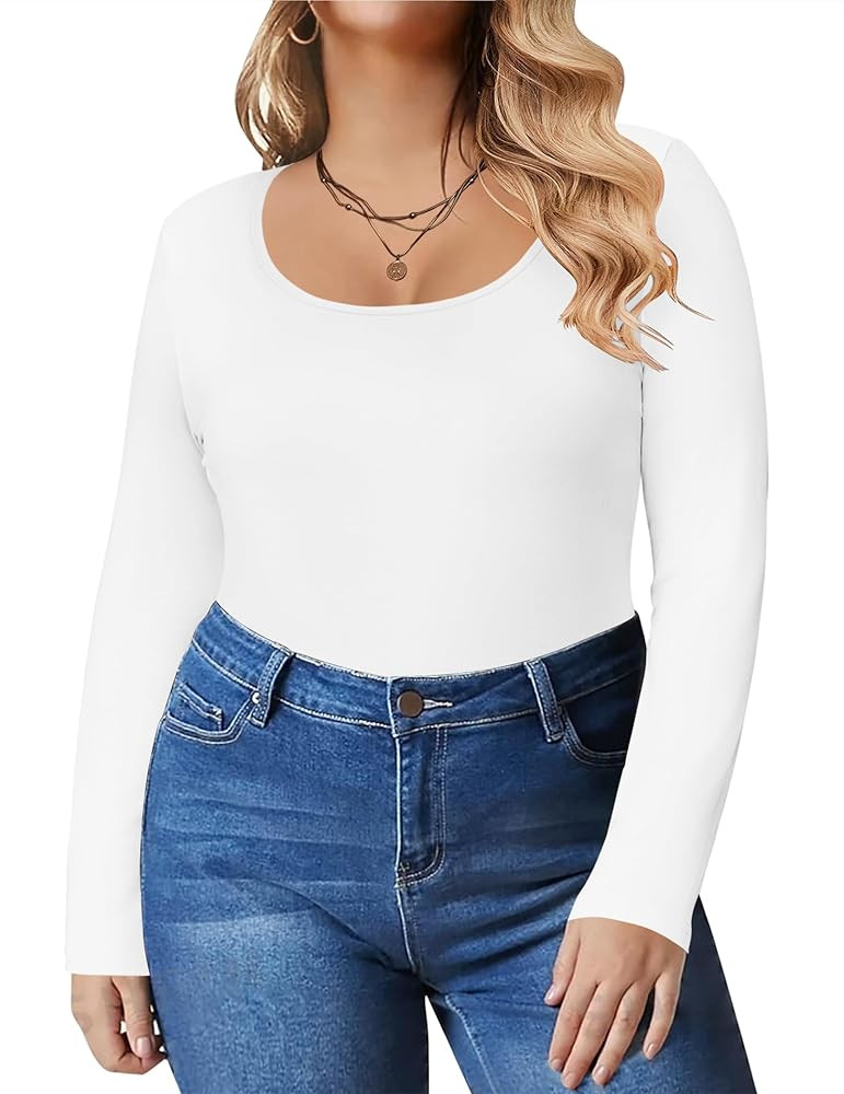 IN'VOLAND Women's Plus Size Long Sleeve Shirts Scoop Neck Slim Fitted T Shirt Stretchy Bodycon Ba... | Amazon (US)