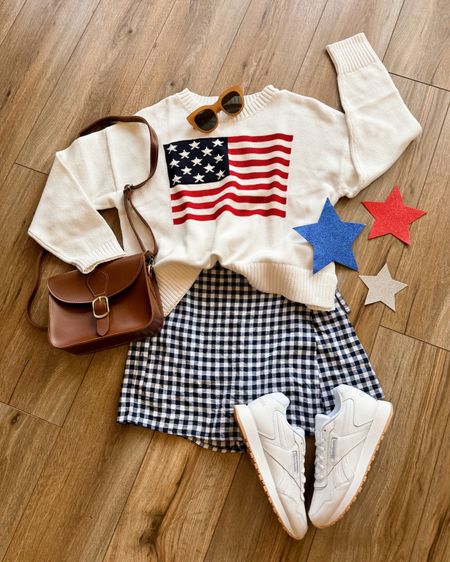 Fourth of July outfit. Fourth of July outfits. Memorial day outfit. American flag sweater. Gingham skirt. 

#LTKGiftGuide #LTKSeasonal #LTKSaleAlert