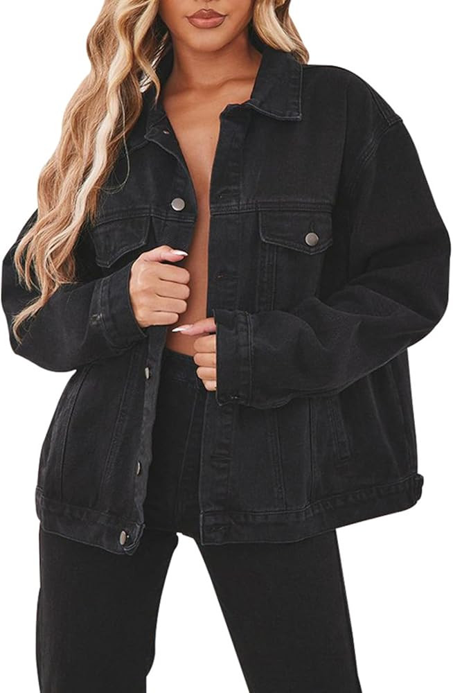 DvaeMalligo Women's Oversized Denim Jacket Casual Long Sleeve Button Down Distressed Trucker Jean... | Amazon (US)