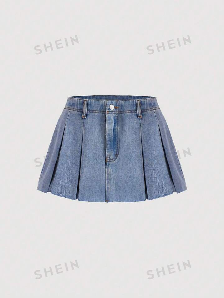 SHEIN MOD Women's Pleated Denim Mid-Length Skirt | SHEIN