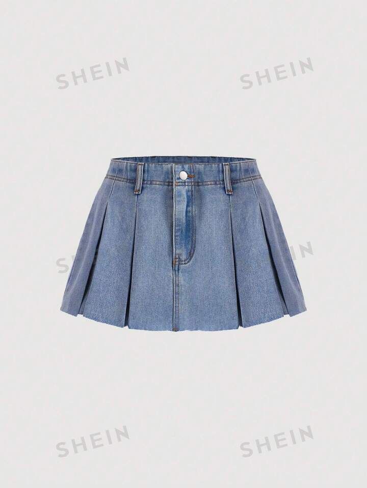 SHEIN MOD Women's Pleated Denim Mid-Length Skirt | SHEIN