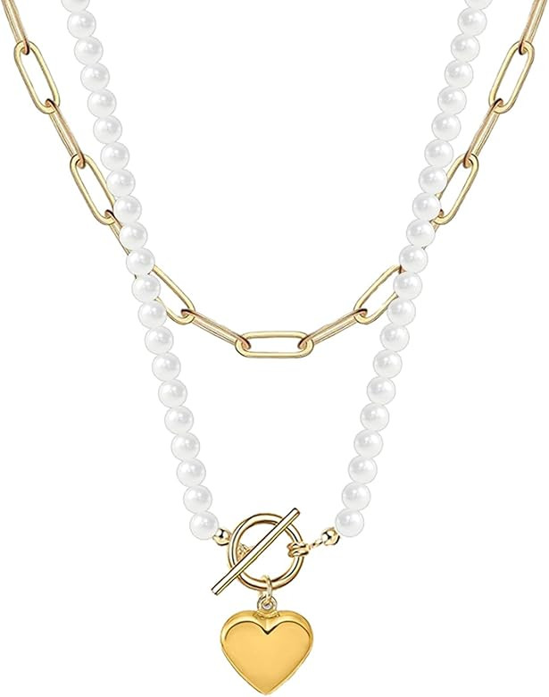 AEQBBQRE Fashion Layered Gold Pearl Necklaces for Women, Dainty Layered 14K Gold Plated Chain Nec... | Amazon (US)