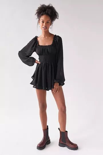 UO Rosie Smocked Long Sleeve Romper | Urban Outfitters (US and RoW)