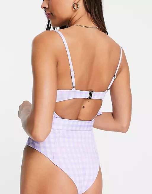 River Island gingham check structured buckle front swimsuit in purple | ASOS (Global)