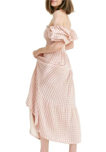NOTHING FITS BUT Gingham Baby Shower Maternity Gown, Women’s Cotton Classic Linen Smocked Nursing Dress, Short Puffed Sleeves, Off Shoulder, Square Neckline, Shirred Bust, Calf-Length, S | Amazon (US)