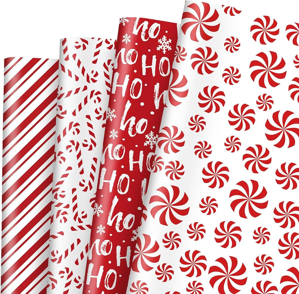 JarThenaAMCS 12 Sheets Christmas Wrapping Paper -Not Roll- Red White Gift Wrap Paper Candy Cane S... | Amazon (US)