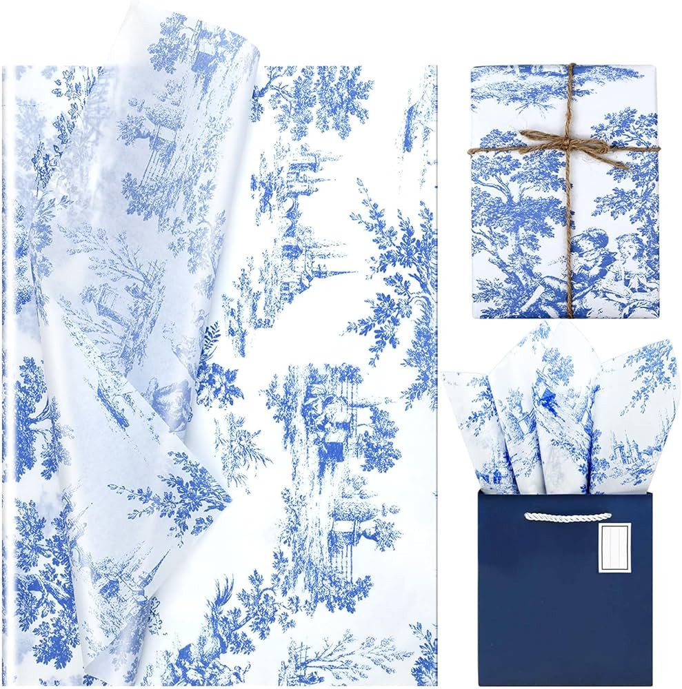 80 Sheets 20 * 14 Inches Vintage Print Tissue Paper for Gift Wrapping, Blue French Toile Gift Wra... | Amazon (US)