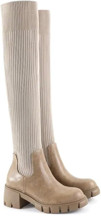 Womens Over Knee Boots Thigh High Stretch Knitted Socks Chunky Block Heel Non-Slip Boots | Amazon (US)