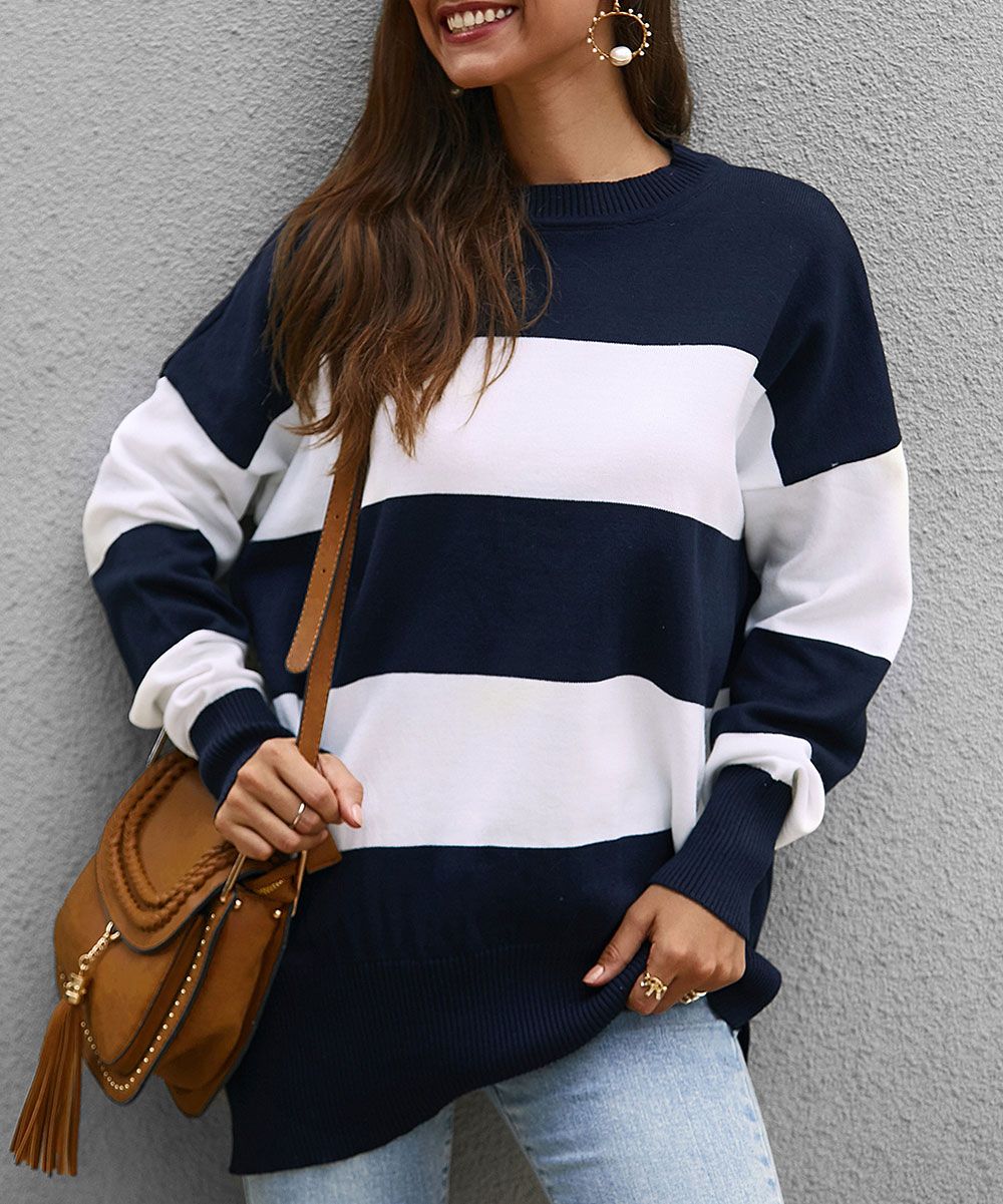 Gaovot Women's Pullover Sweaters blue - Blue Wide-Stripe Slouchy Sweater - Women | Zulily