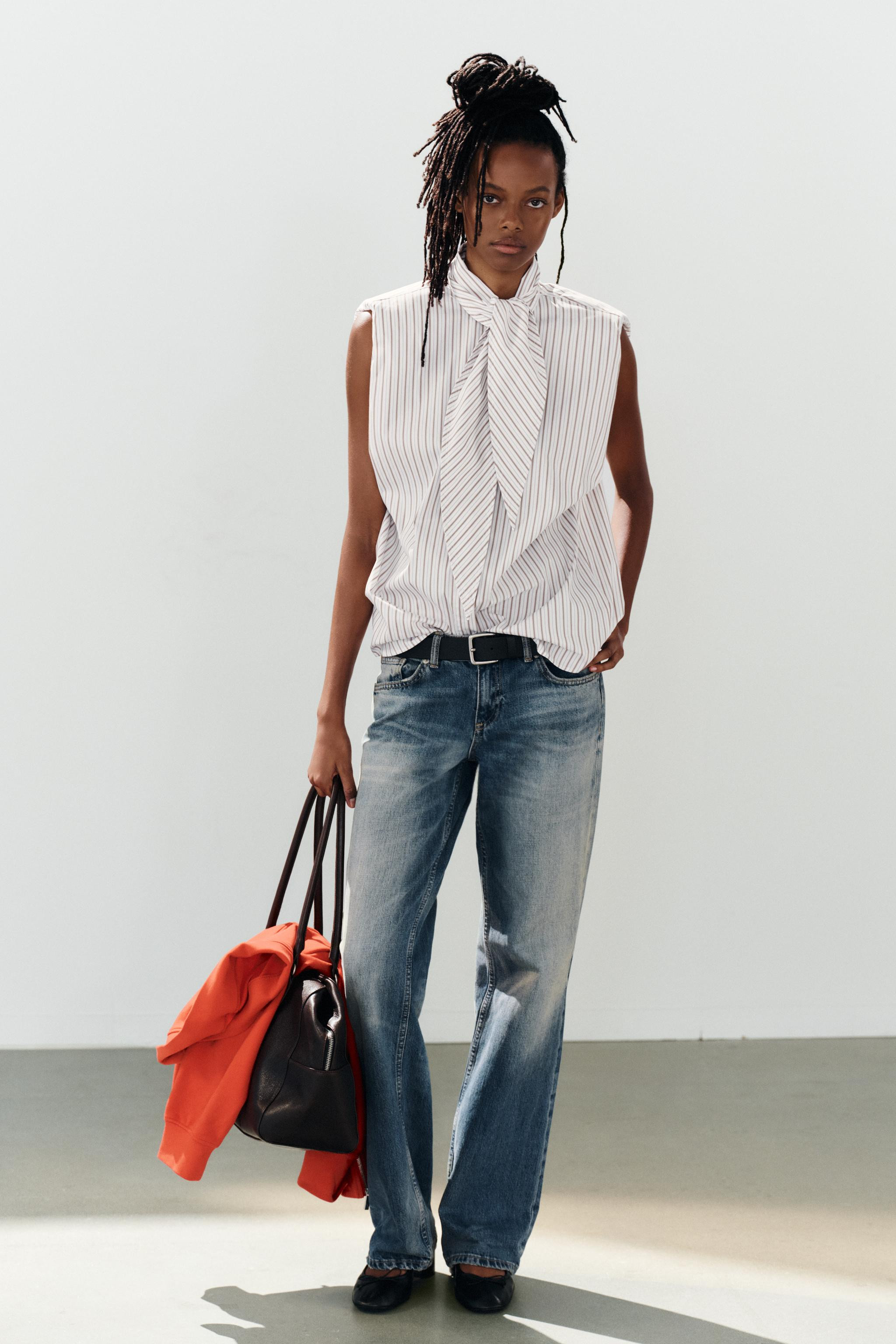 STRIPED TIE-NECK SHIRT WITH SHOULDER PADS | Zara US