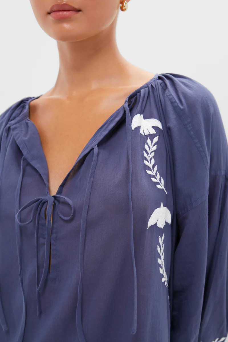 White Dove Embroidery Blue Indigo Organic Folk Maxi Dress | Tuckernuck (US)