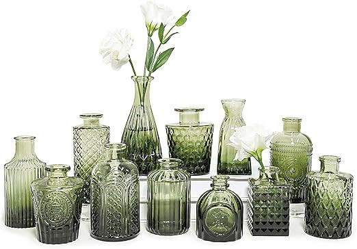12pcs Glass Bud Vase Set, Small Green Flower Vases for Centerpieces in Bulk, Mini Vintage Vase fo... | Amazon (US)