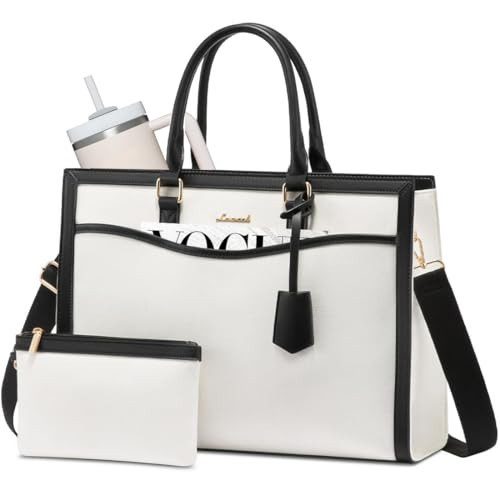 LOVEVOOK Laptop Tote Bag for Women, 15.6 inch Lightweight Canvas Office Work Bag Briefcase, Large Capacity Teacher Computer Bag Handbag for Travel Business,2pcs Set Canvas/White-Black | Amazon (US)